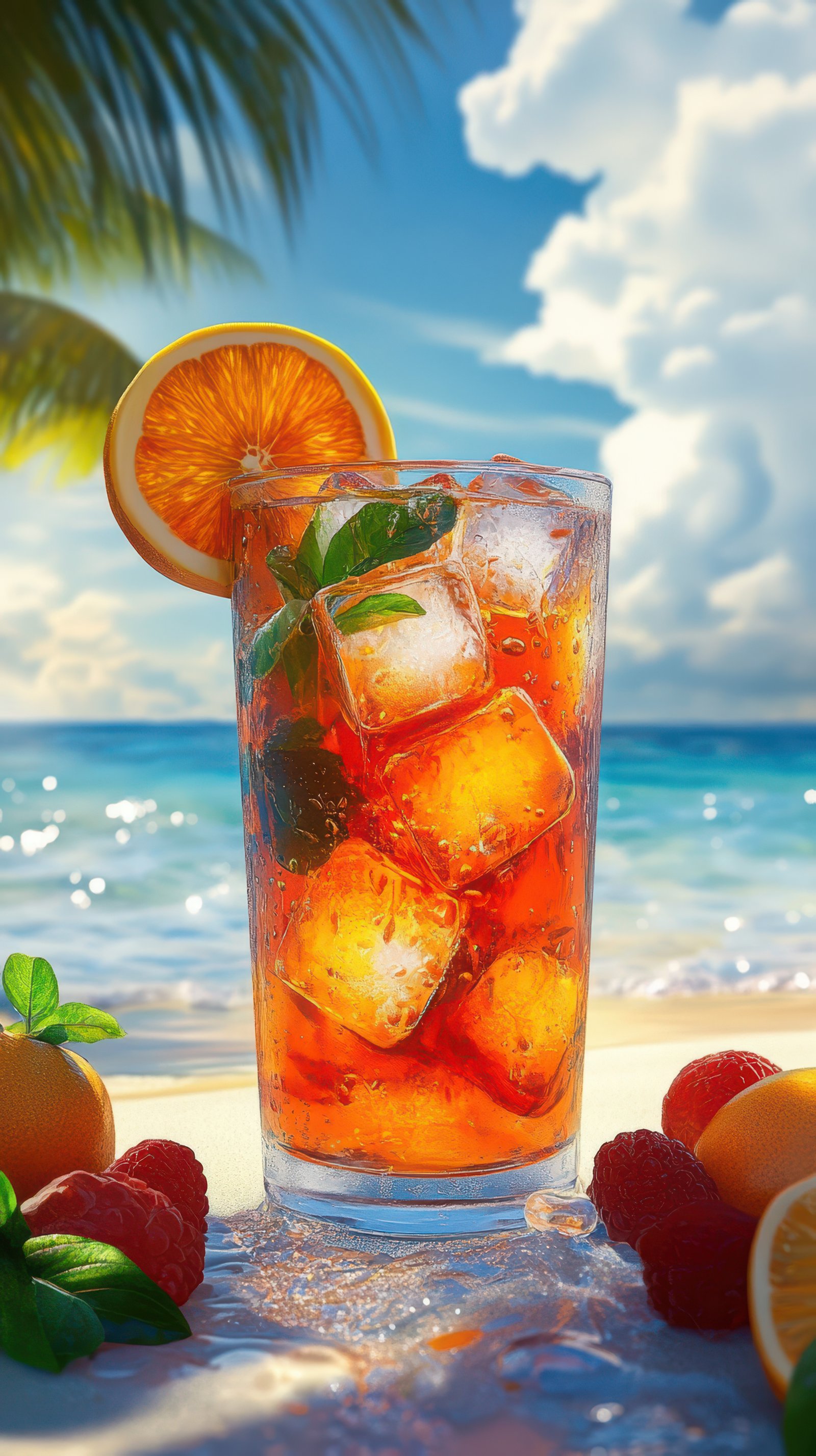 Refreshing summer drink with ice and citrus near a tropical beach under a bright sky